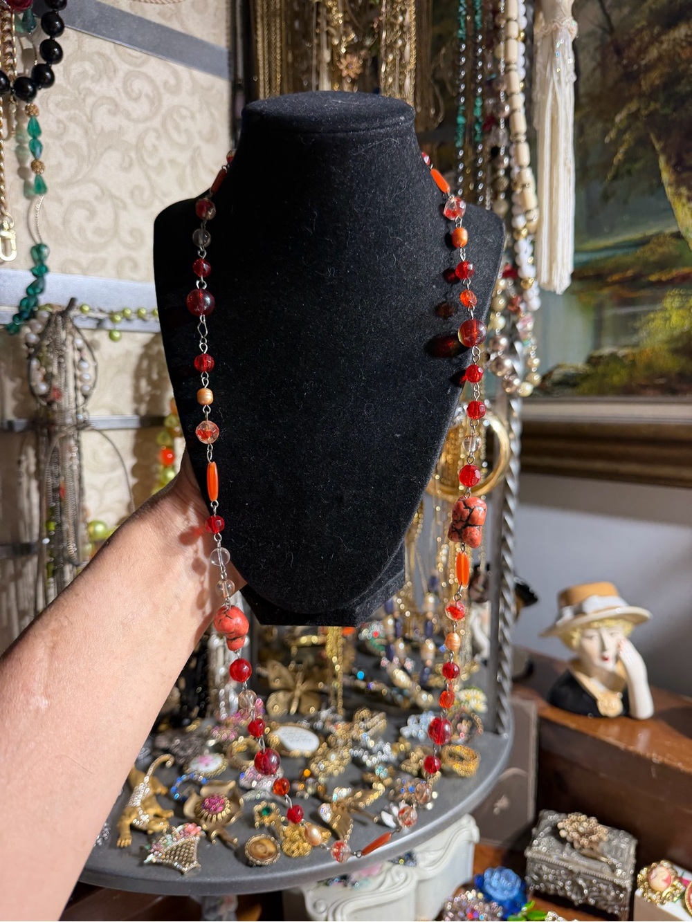 Vintage Red-glass Beaded Long Necklace